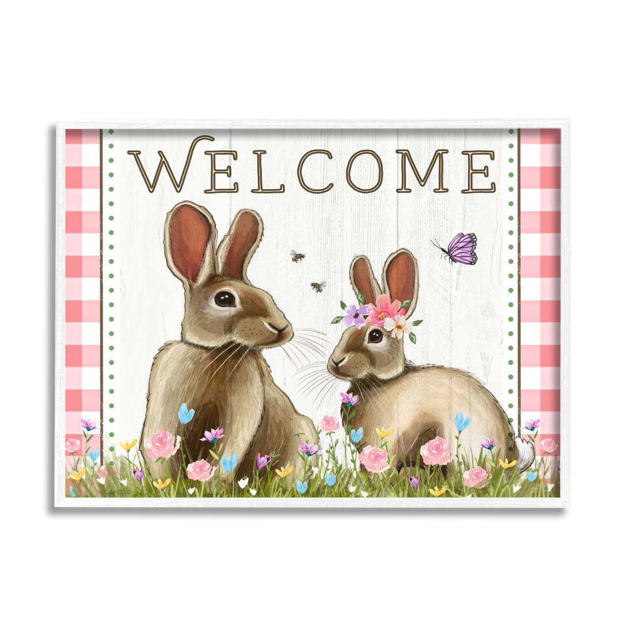 Stupell Industries Welcome Plaid Spring Garden Rabbits Framed Giclee Art